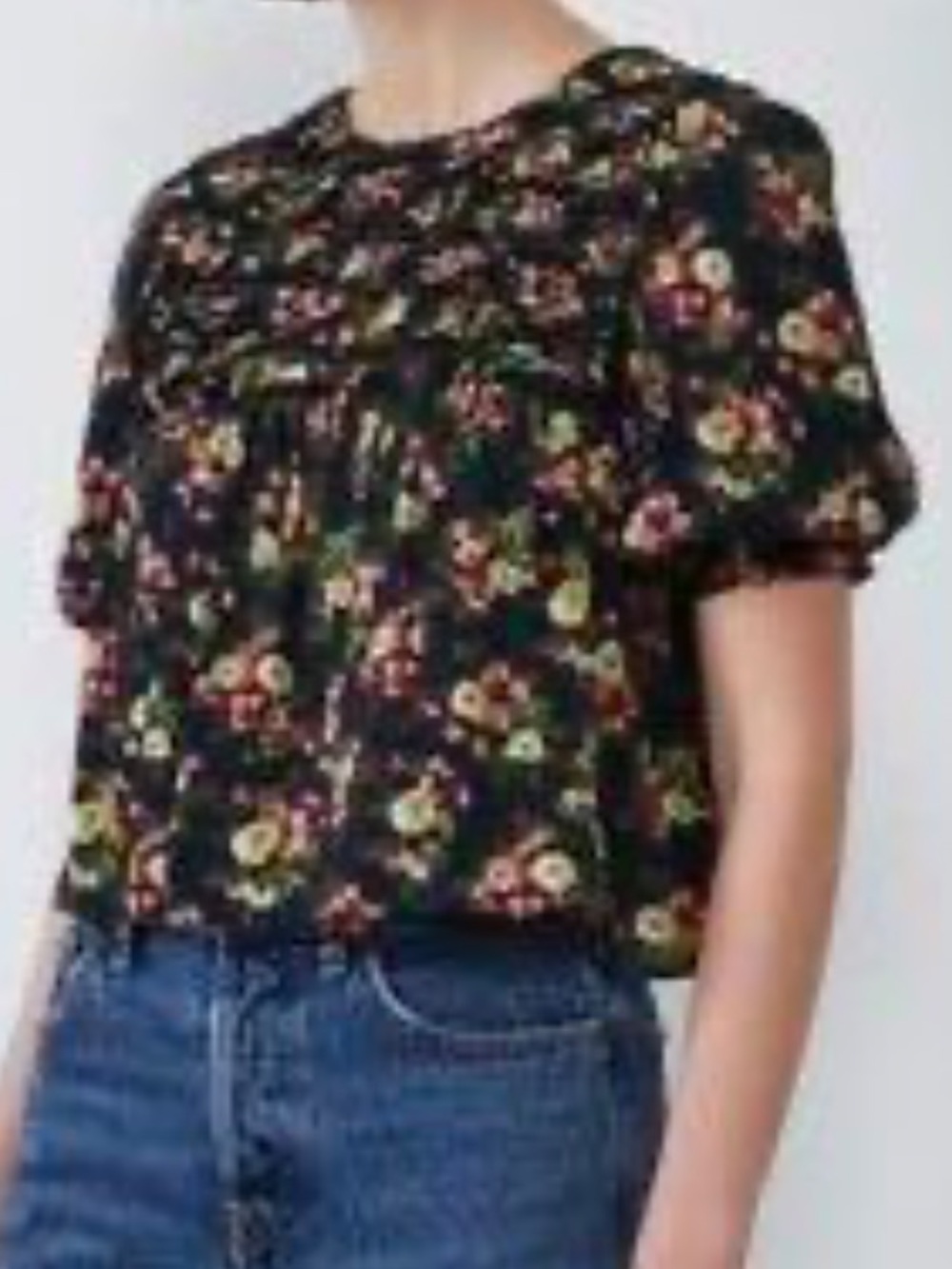 Zara green short sleeve floral puff sleeve top blouse size S